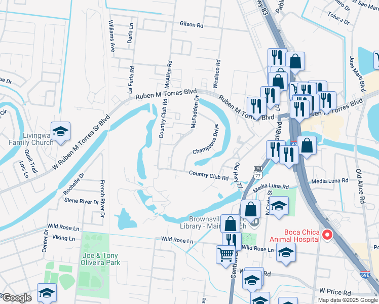 map of restaurants, bars, coffee shops, grocery stores, and more near 416 Champions Drive in Brownsville