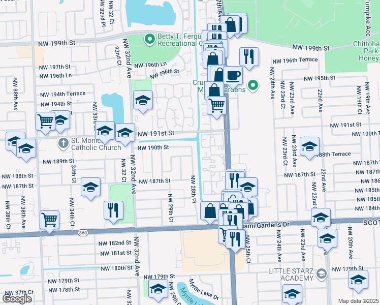 map of restaurants, bars, coffee shops, grocery stores, and more near 19001 Northwest 28th Place in Miami Gardens