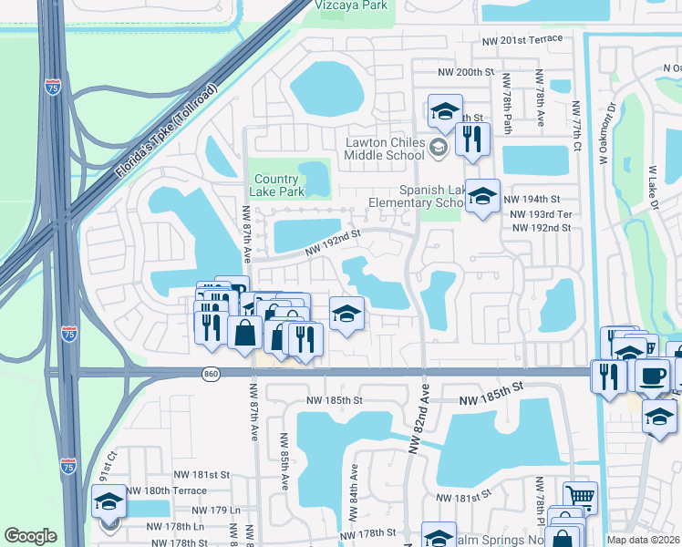 map of restaurants, bars, coffee shops, grocery stores, and more near 8467 Northwest 191st Street in Hialeah