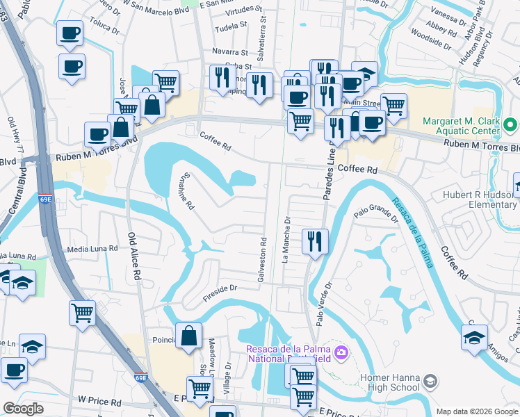 map of restaurants, bars, coffee shops, grocery stores, and more near 514 Galveston Road in Brownsville