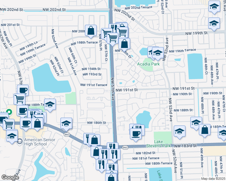 map of restaurants, bars, coffee shops, grocery stores, and more near 19098 Northwest 57th Avenue in Opa-locka