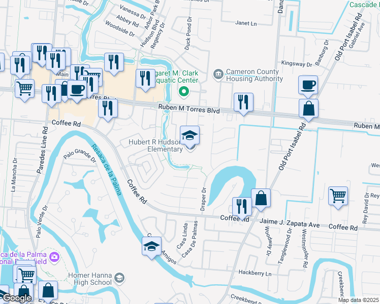 map of restaurants, bars, coffee shops, grocery stores, and more near 2980 Farm to Market Road 802 in Brownsville