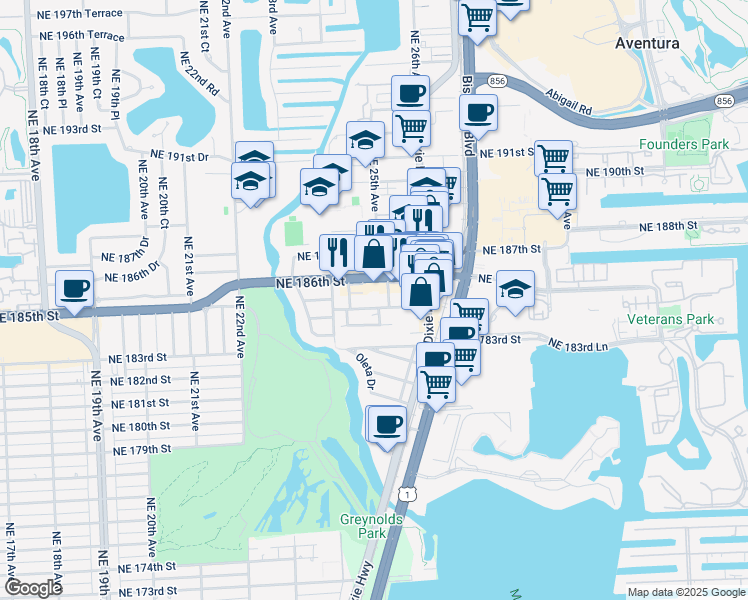 map of restaurants, bars, coffee shops, grocery stores, and more near 2450 Northeast 186th Street in North Miami Beach