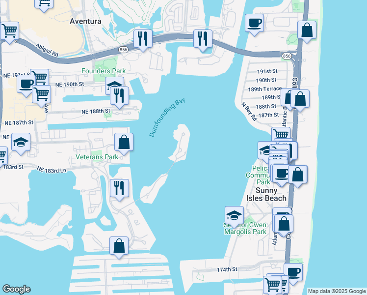 map of restaurants, bars, coffee shops, grocery stores, and more near 5000 Island Estates Drive in Aventura