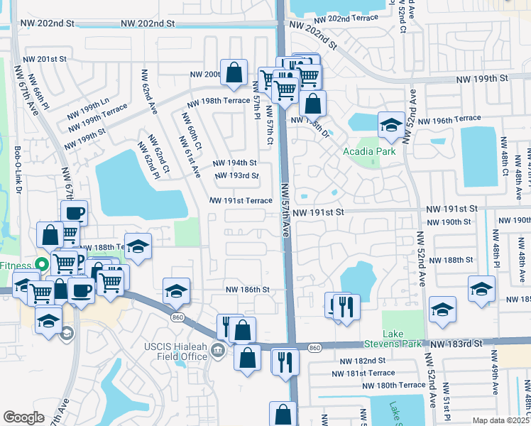 map of restaurants, bars, coffee shops, grocery stores, and more near 19098 Northwest 57th Court in Hialeah