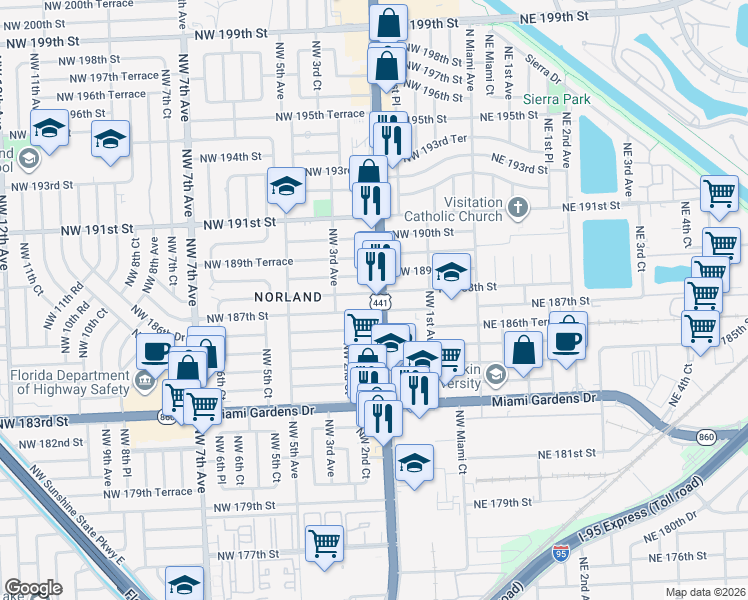 map of restaurants, bars, coffee shops, grocery stores, and more near 441 Northeast 188th Street in Miami Gardens