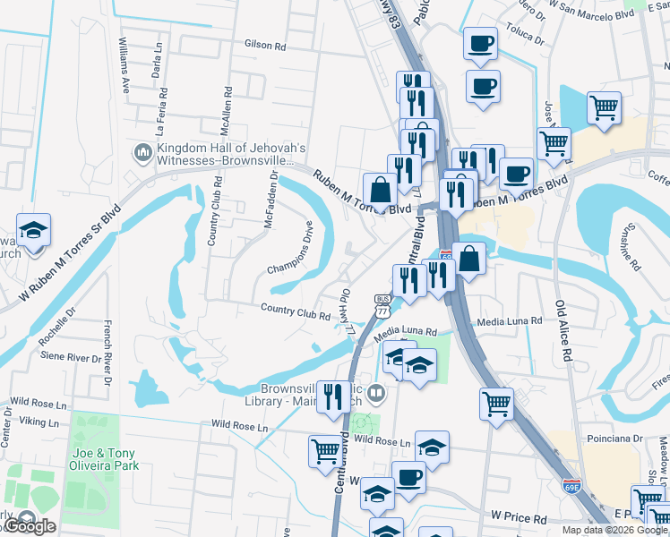 map of restaurants, bars, coffee shops, grocery stores, and more near 714-1 Continental Drive in Brownsville