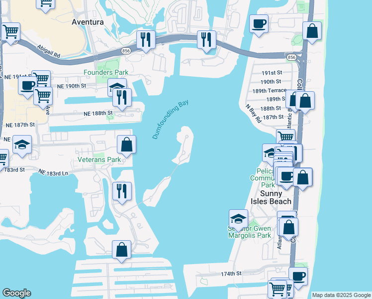 map of restaurants, bars, coffee shops, grocery stores, and more near 5000 Island Estates Drive in Aventura