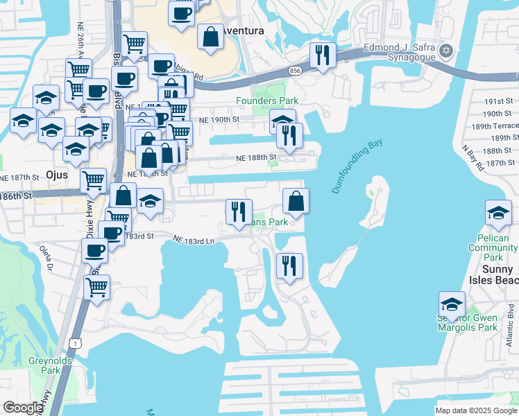 map of restaurants, bars, coffee shops, grocery stores, and more near 3215 Northeast 184th Street in Aventura