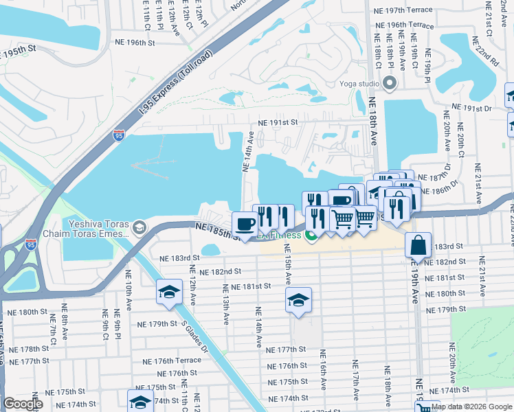 map of restaurants, bars, coffee shops, grocery stores, and more near 18555 Northeast 14th Avenue in Miami