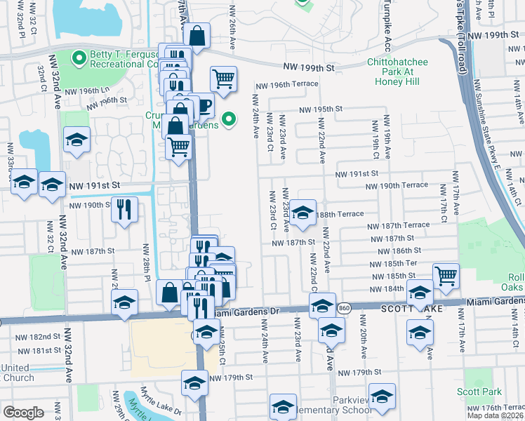 map of restaurants, bars, coffee shops, grocery stores, and more near 18922 Northwest 23rd Court in Miami Gardens