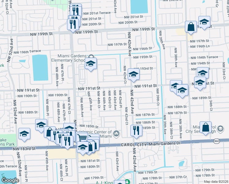 map of restaurants, bars, coffee shops, grocery stores, and more near 19030 Northwest 43rd Avenue in Miami Gardens