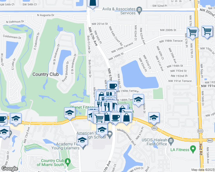 map of restaurants, bars, coffee shops, grocery stores, and more near 19158 Northwest 67th Court in Hialeah