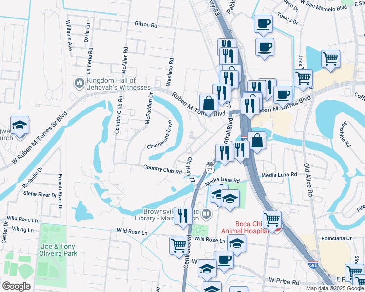 map of restaurants, bars, coffee shops, grocery stores, and more near 714-1 Continental Drive in Brownsville