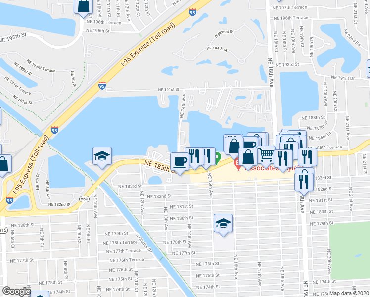 map of restaurants, bars, coffee shops, grocery stores, and more near 18555 Northeast 14th Avenue in North Miami Beach