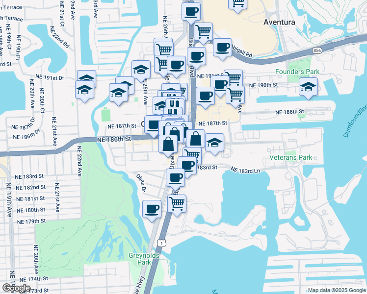 map of restaurants, bars, coffee shops, grocery stores, and more near 18541 West Dixie Highway in Miami