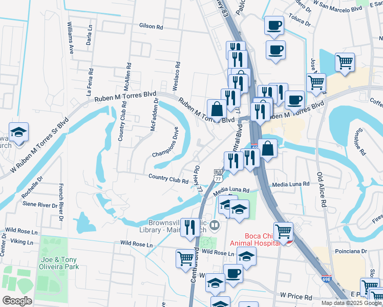 map of restaurants, bars, coffee shops, grocery stores, and more near 801 Continental Drive in Brownsville