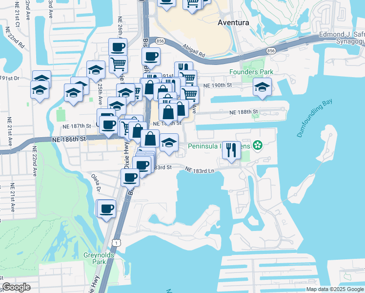 map of restaurants, bars, coffee shops, grocery stores, and more near 2757 Northeast 184th Way in Aventura
