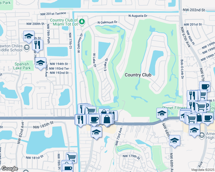 map of restaurants, bars, coffee shops, grocery stores, and more near 19023 West Lake Drive in Hialeah