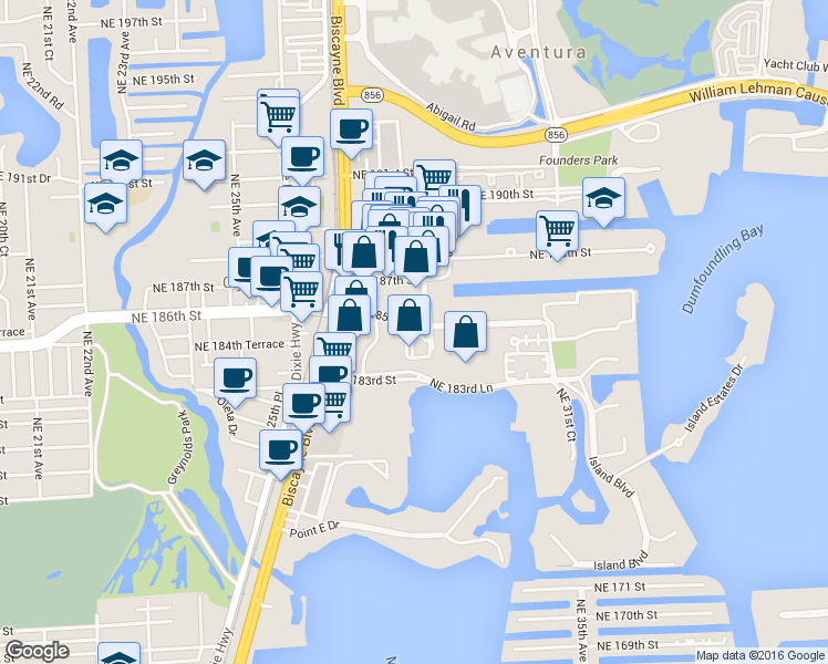 map of restaurants, bars, coffee shops, grocery stores, and more near 2757 Northeast 184th Way in Aventura