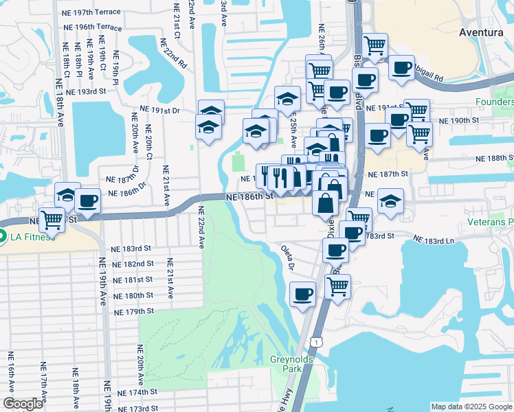 map of restaurants, bars, coffee shops, grocery stores, and more near 2420 Northeast 186th Street in North Miami Beach