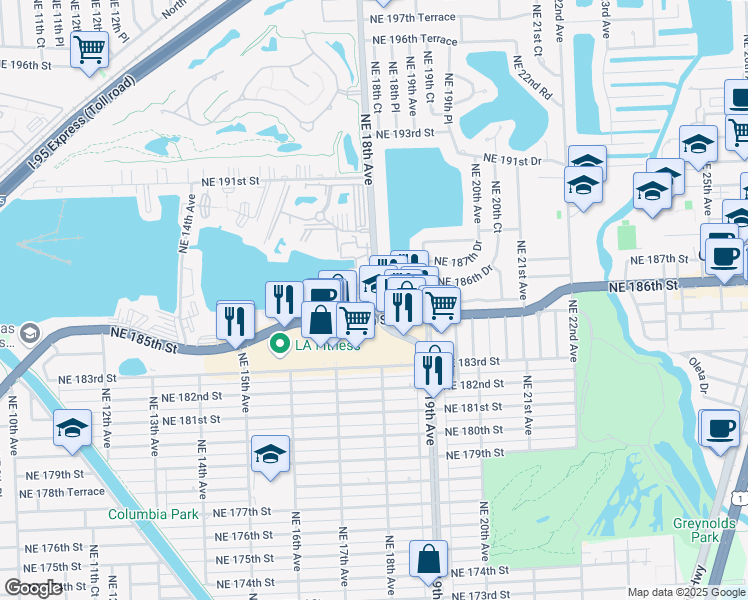 map of restaurants, bars, coffee shops, grocery stores, and more near 16 Northeast 186th Street in North Miami Beach