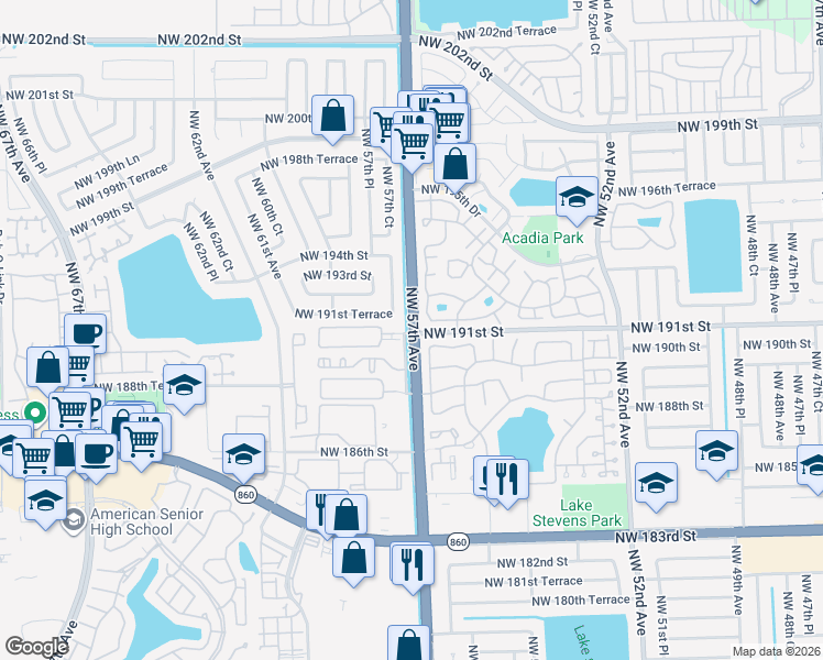 map of restaurants, bars, coffee shops, grocery stores, and more near 5720 Northwest 191st Terrace in Hialeah
