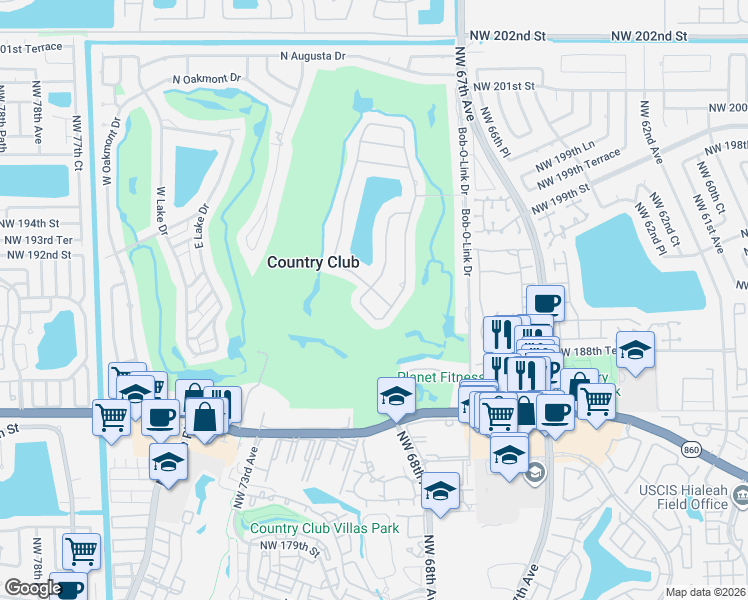 map of restaurants, bars, coffee shops, grocery stores, and more near 19100 South Saint Andrews Drive in Hialeah