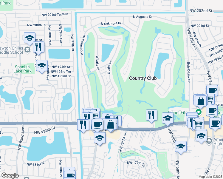map of restaurants, bars, coffee shops, grocery stores, and more near 19023 West Lake Drive in Hialeah