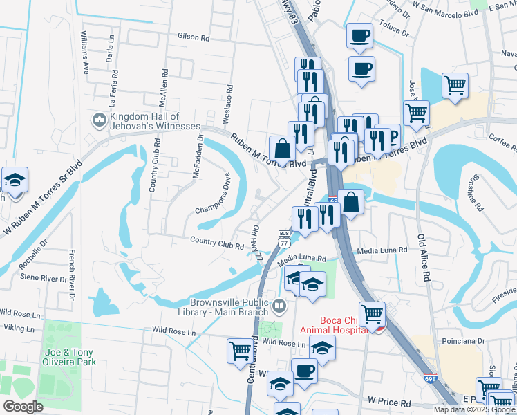 map of restaurants, bars, coffee shops, grocery stores, and more near 715 Continental Drive in Brownsville