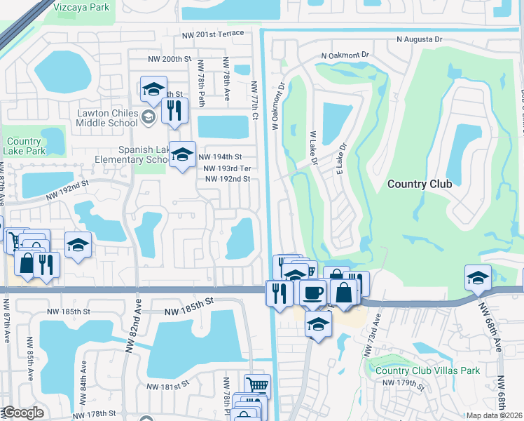 map of restaurants, bars, coffee shops, grocery stores, and more near 18941 Northwest 77th Court in Hialeah