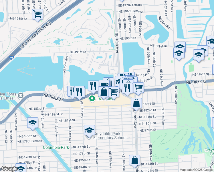 map of restaurants, bars, coffee shops, grocery stores, and more near 1671 Northeast Miami Gardens Drive in Miami