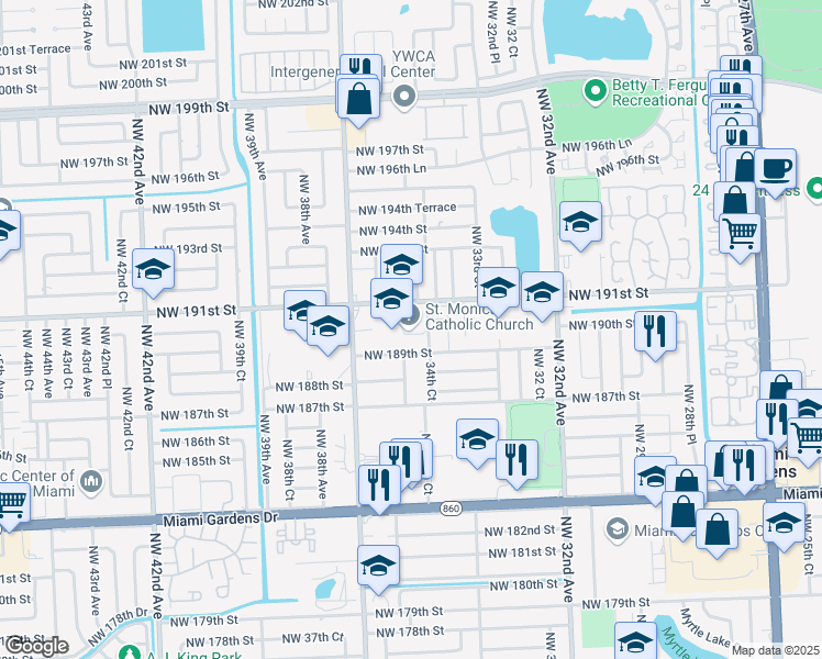 map of restaurants, bars, coffee shops, grocery stores, and more near 3490 Northwest 191st Street in Miami Gardens