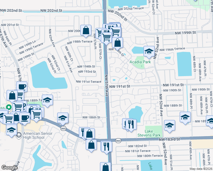 map of restaurants, bars, coffee shops, grocery stores, and more near 5720 Northwest 191st Terrace in Hialeah