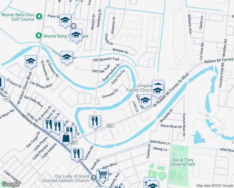map of restaurants, bars, coffee shops, grocery stores, and more near 15 Hunters Quest Circle in Brownsville