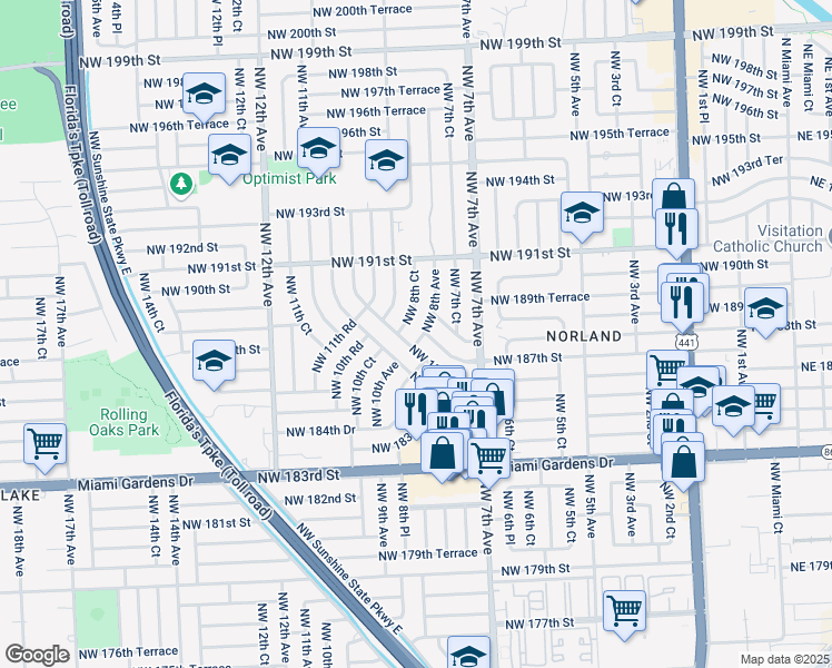 map of restaurants, bars, coffee shops, grocery stores, and more near 18720 Northwest 8th Avenue in Miami