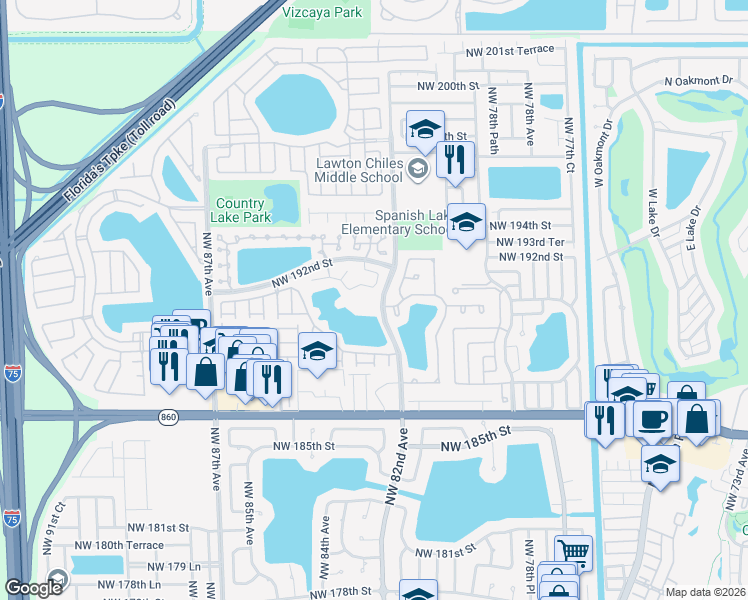 map of restaurants, bars, coffee shops, grocery stores, and more near 8202 Northwest 191st Lane in Hialeah