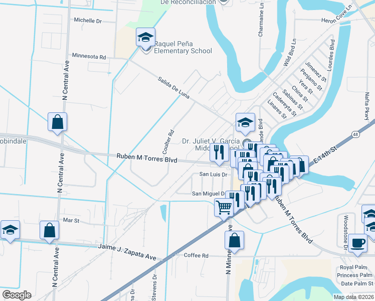 map of restaurants, bars, coffee shops, grocery stores, and more near 5421-5427 East Ruben M Torres Boulevard in Brownsville