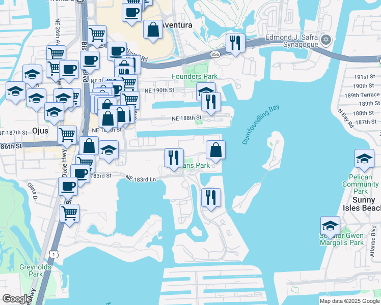 map of restaurants, bars, coffee shops, grocery stores, and more near 3215 Northeast 184th Street in Aventura