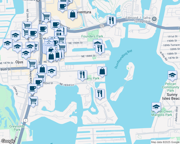 map of restaurants, bars, coffee shops, grocery stores, and more near 3215 Northeast 184th Street in Aventura