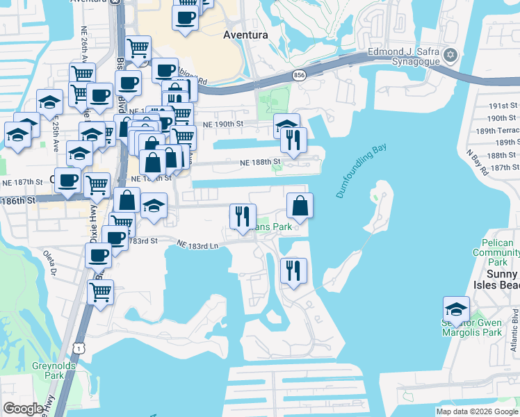 map of restaurants, bars, coffee shops, grocery stores, and more near 3115 Northeast 184th Street in Aventura