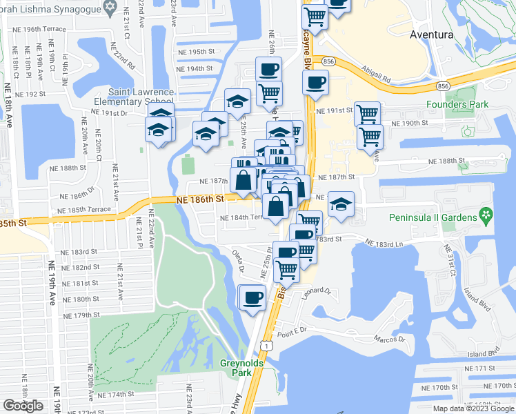 map of restaurants, bars, coffee shops, grocery stores, and more near 2590 Northeast 186th Street in North Miami Beach