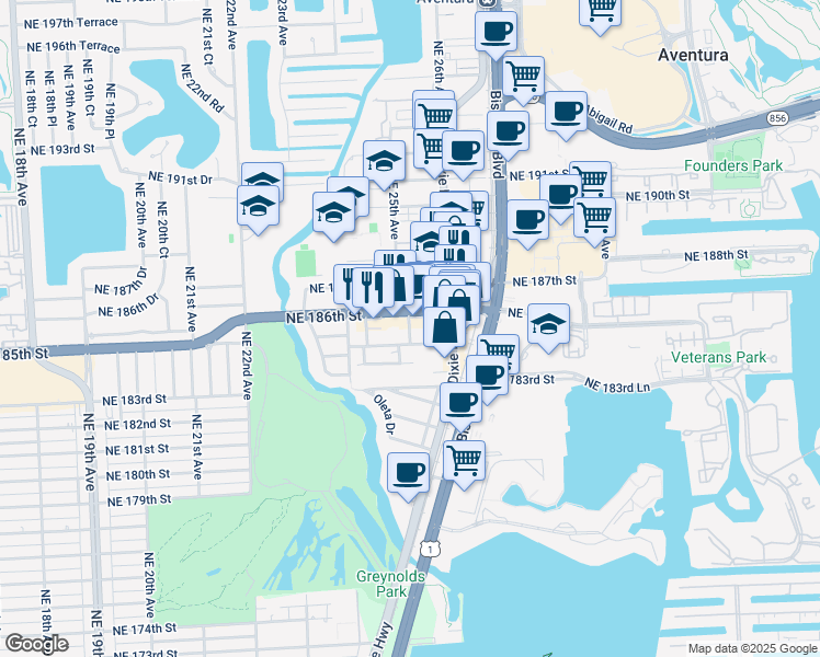 map of restaurants, bars, coffee shops, grocery stores, and more near 2450 Northeast 186th Street in North Miami Beach
