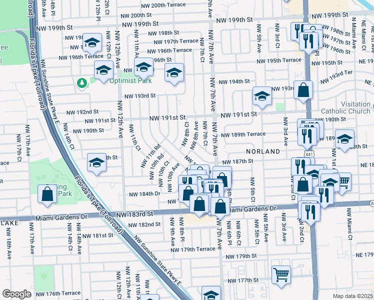 map of restaurants, bars, coffee shops, grocery stores, and more near 18720 Northwest 8th Avenue in Miami