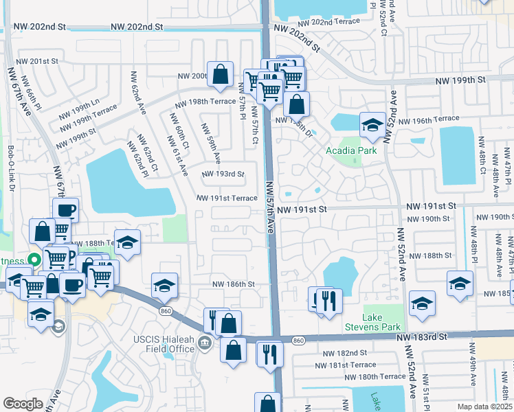 map of restaurants, bars, coffee shops, grocery stores, and more near 5720 Northwest 191st Terrace in Hialeah