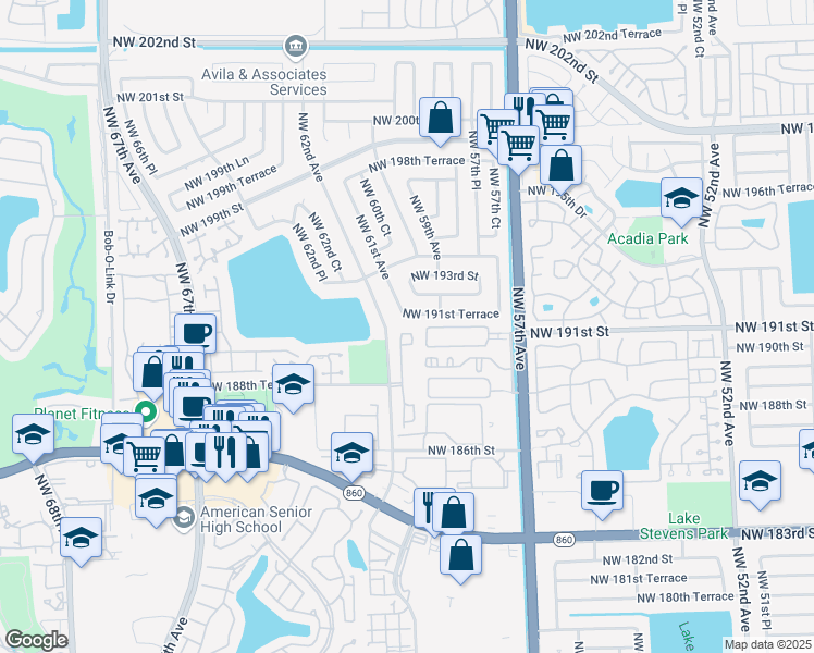 map of restaurants, bars, coffee shops, grocery stores, and more near 5940 Northwest 191st Terrace in Hialeah