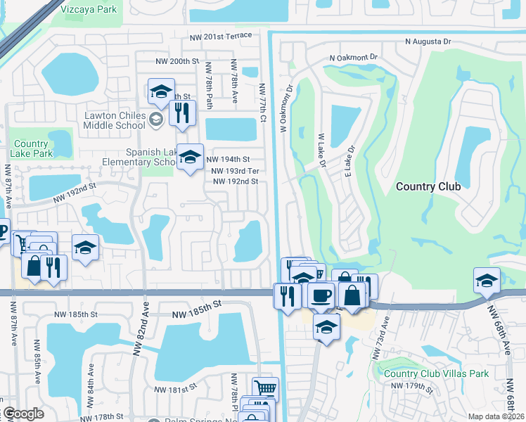 map of restaurants, bars, coffee shops, grocery stores, and more near 18941 Northwest 77th Court in Hialeah