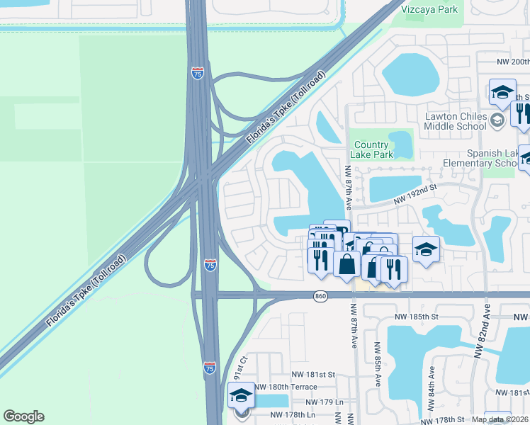 map of restaurants, bars, coffee shops, grocery stores, and more near 19100 Northwest 89th Court in Hialeah