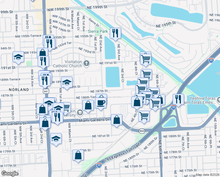 map of restaurants, bars, coffee shops, grocery stores, and more near 251 Northeast 187th Street in Miami