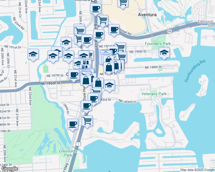 map of restaurants, bars, coffee shops, grocery stores, and more near 2750 Northeast 185th Street in Aventura